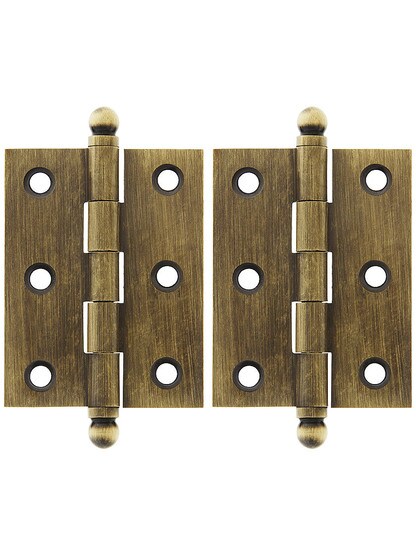 Pair of Solid Brass Ball-Tip Cabinet Hinges - 2 inch x 1 1/2 inch in Antique Brass.